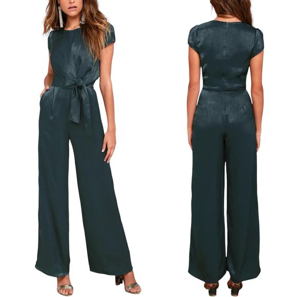 Lulus Entertain You Dark Green Satin Wide-Leg Jumpsuits Small NWT Full Length - Picture 1 of 8